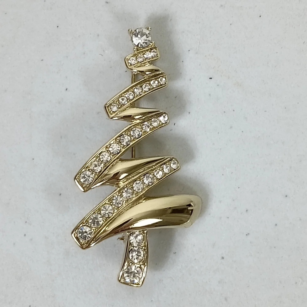 Monet Christmas Tree Brooch Pin Gold Tone Rhinestones Abstract Marked Vintage